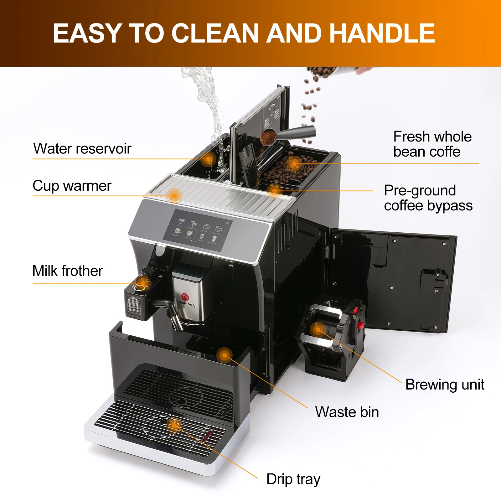 New Home Office One Touch Screen Fully Automatic Coffee Machine With Grinder 2