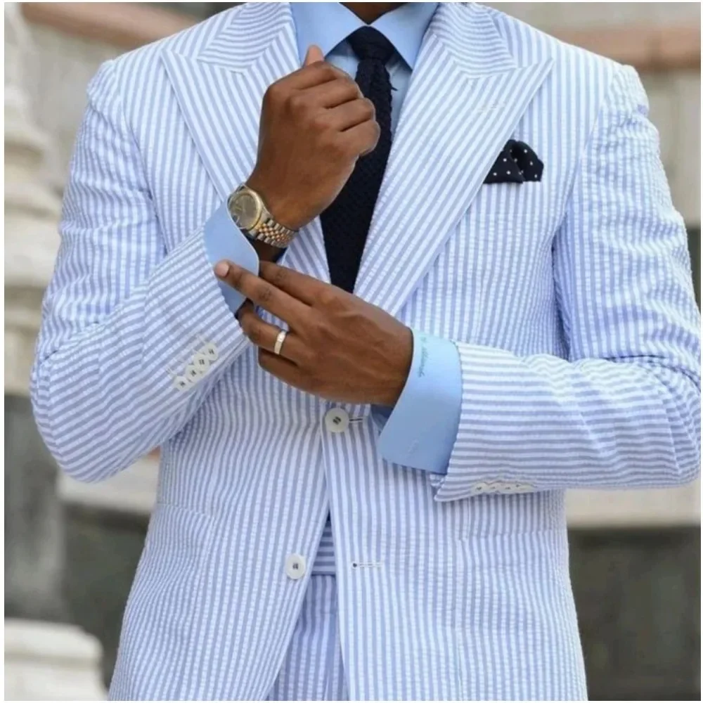2 Pieces Summer Casual Men Suits Seersucker Stripe Outfits Custom Wedding Groom Tuxedo Costume Homme Peaked Lapel Jacket+Pants 3