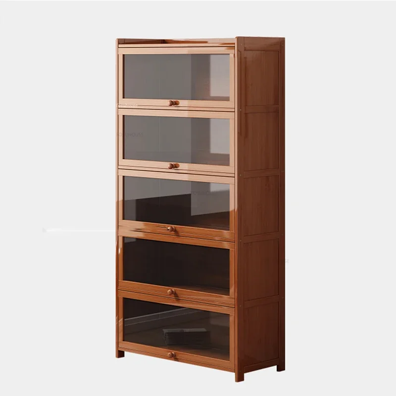 Simple Retro Bookshelf with Door Japanese Bamboo Bookcases Modern Home Furniture Office Desk Organizer Multi-layer Storage Shelf