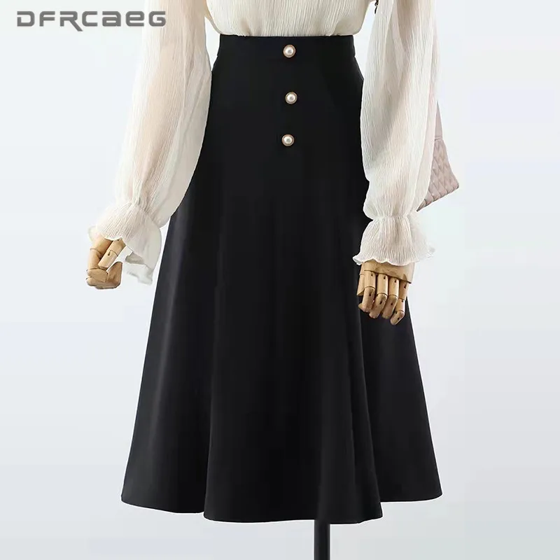 

Casual Big Swing Womens A-Line Skirts With Beading 2022 Summer Elegant Fashion Work OL Saias Feminina Blue