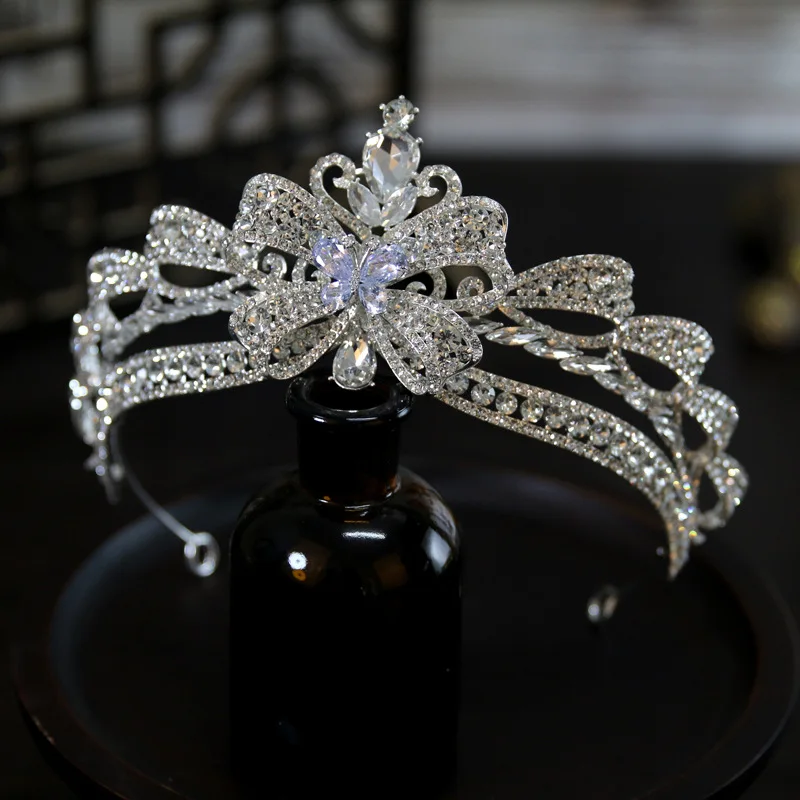 Luxury Silver Color Crystal Bow Knot Bridal Tiaras Crown Rhinestone Pageant Diadema Collares Headpieces Wedding Hair Accessories