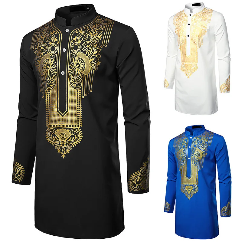 Dubai Luxury Casual Islamic Arabic Abaya Robe Fashion Ethnic Print Stand Collar Youth Mid-length Shirt Coat Muslim Men Clothing