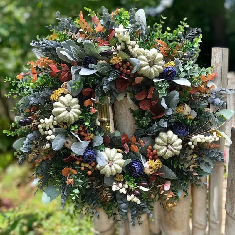 

White Pumpkins Ranunculus Wreath Fall Decor For Front Door, Home, Handmade Hydrangea Big White Pumpkin Wreath
