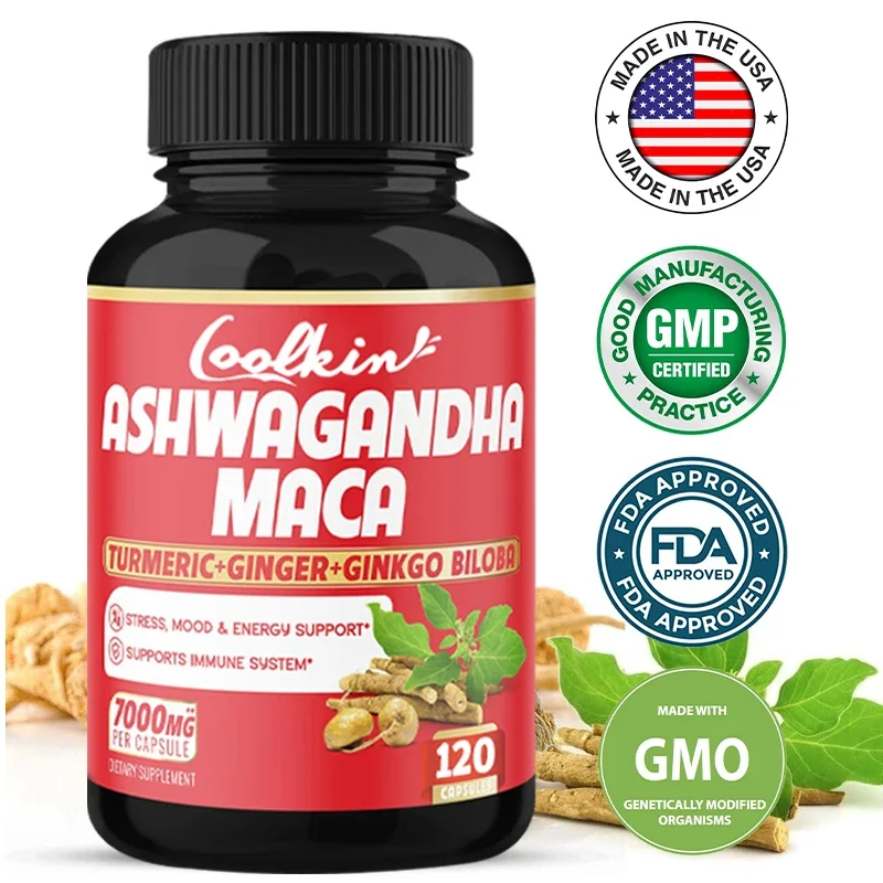 

Ashwagandha Maca Supplement - 7000 Mg Turmeric - Supports Stress, Mood and Strength Non-GMO Men's Enhancement Advanced Formula