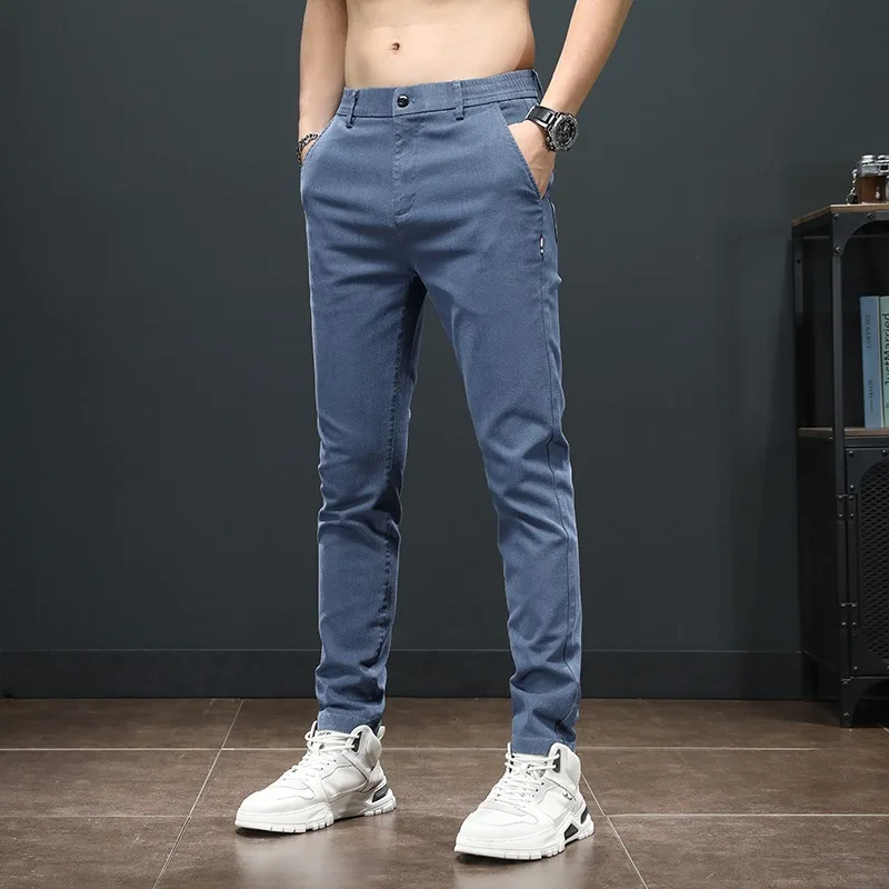 Men's Casual Pants New Spring and Summer Korea Loose Small Feet Pants Stretch Sports Elastic Waist Zipper Button Long Pants