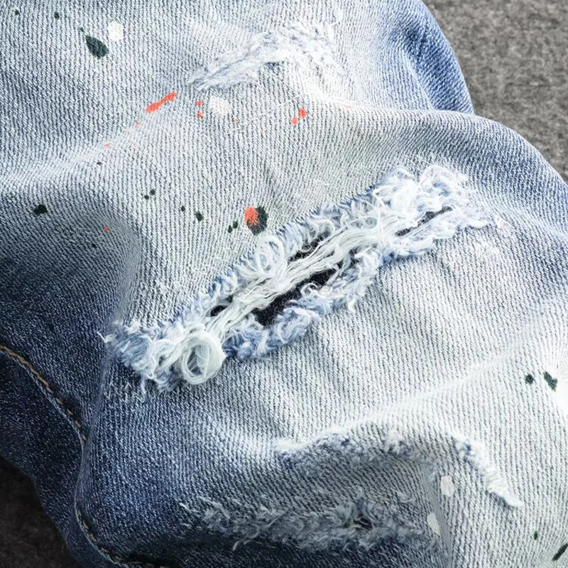 High Street Fashion Men's Elastic Tight Jeans Retro Blue Split Jeans Men's Designer Hip Hop Brand Pants