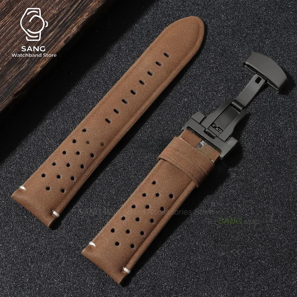 Vintage Brown Leather Strap with Butterfly Buckle - Breathable Business Watch Band Bracelet in Matte Finish