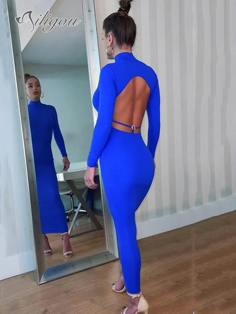 

Ailigou 2022 New Women's Blue Long Sleeve Skinny Sexy Backless Hollow Rayon Bandage Dress Elegant Celebrity Party Dress Vestidos