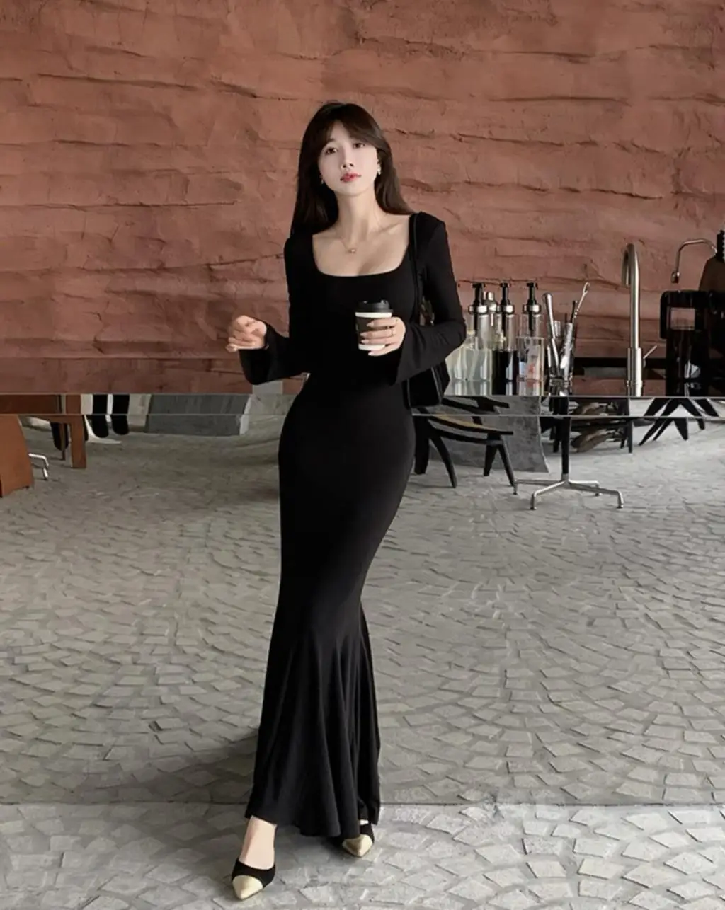 Vestidos largos de moda de otoño para mujer, mangas largas, cuello cuadrado, estilo coreano, corte entallado, sirena, elegantes, básicos, lisos, nuevos