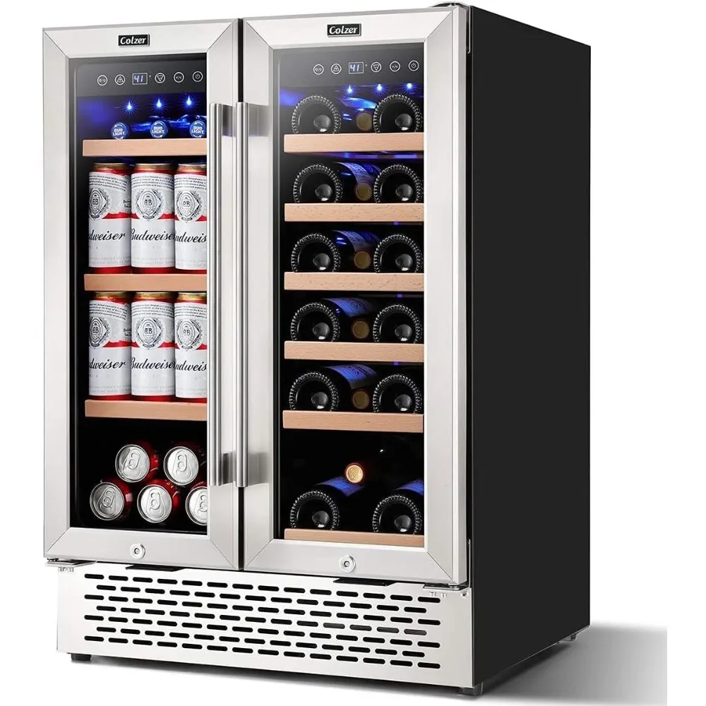 Wine and Beverage Refrigerator 24 inch, Dual Zone Wine Cooler Under Counter Lockable 18 Bottles and 57 Cans Fridge Built