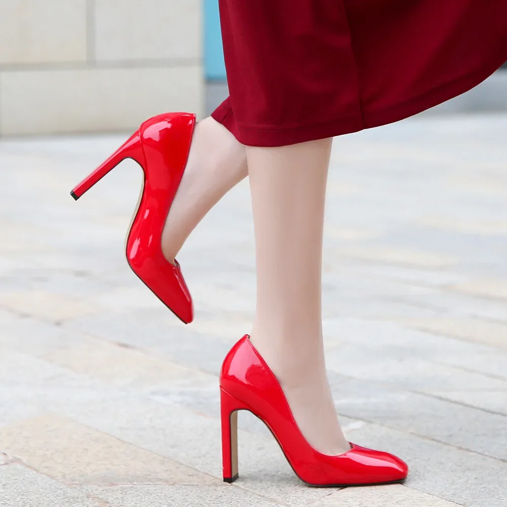 

35-46 Square Head 10cm High Heel Shoes Women Block Heel Patent Leather Red Dress Bride Wedding Shoes