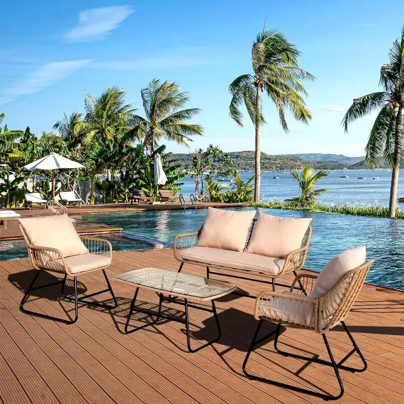 

Outdoor Rope Wicker Patio Conversation Set, All-Weather Rattan Conversation Chairs for Backyard, Balcony
