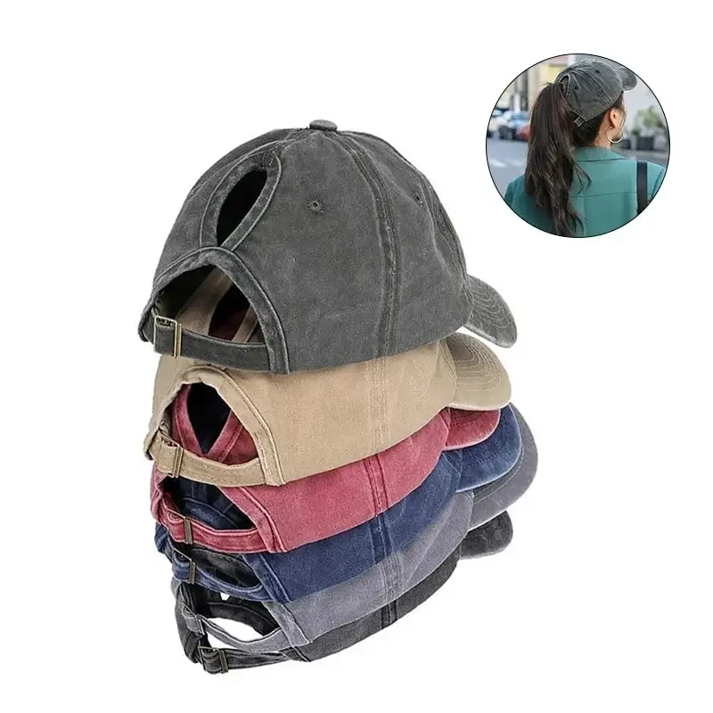 Baseball Cap Vintage Ponytail Baseball Cap Women Girls Pure Color Soft Washed Cotton Summer Woman Hat Messy High Bun Cap 1Pcs