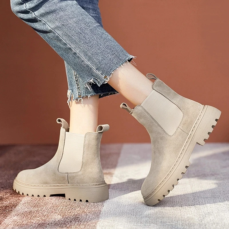 

Chelsea Boots Chunky Boots Women Winter Shoes Cow Suede Ankle Boots Black Female Autumn Fashion Platform Booties