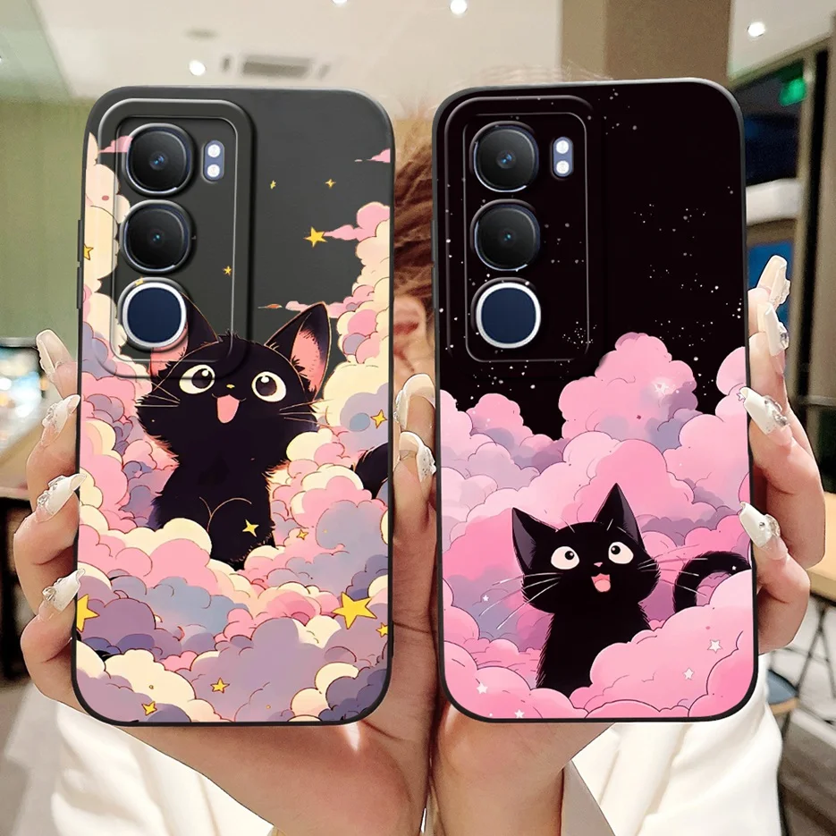 Vivo Y19s Cute Cat Grid Pattern Shockproof Silicone Phone Case