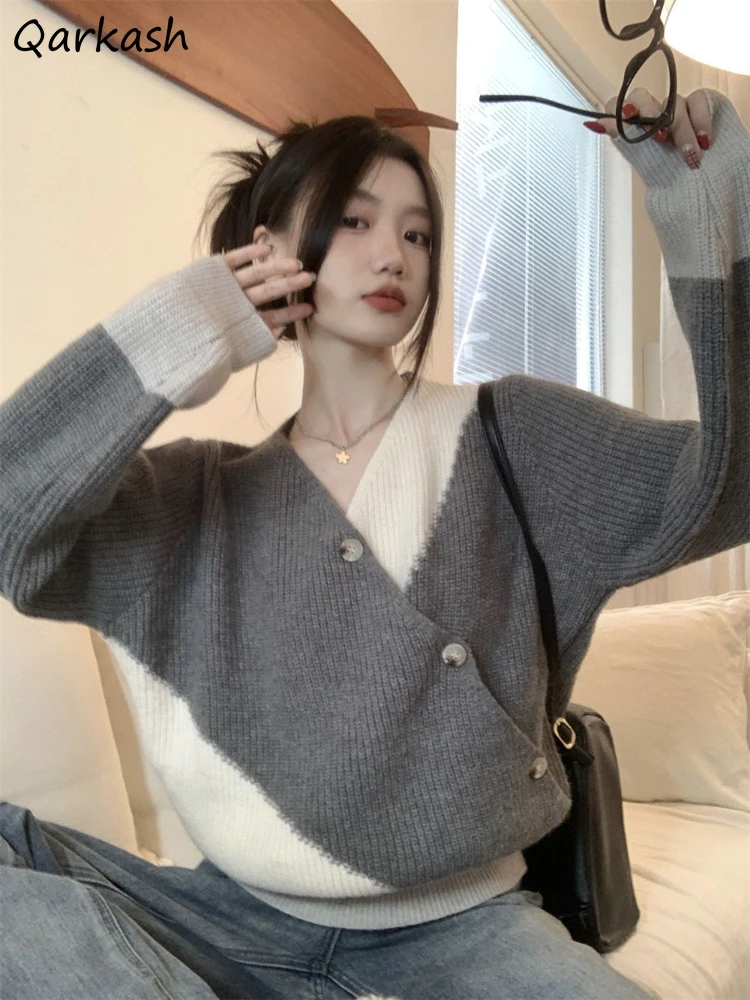 

Chic Criss-cross Button Knitted Pullovers Women Fashion Spliced Panelled Irregular Tops Female All-match Soft Loose Leisure Ins