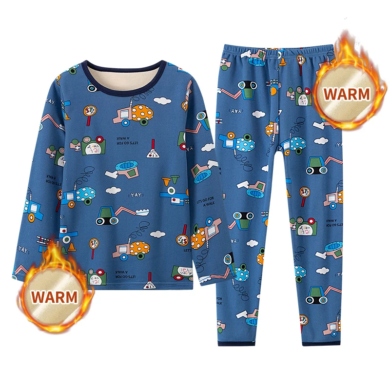 2 pieces of children's autumn and winter plus velvet warm fashion printed long-sleeved trousers suit boys and girls pajamas unde children underwear suits children clothes