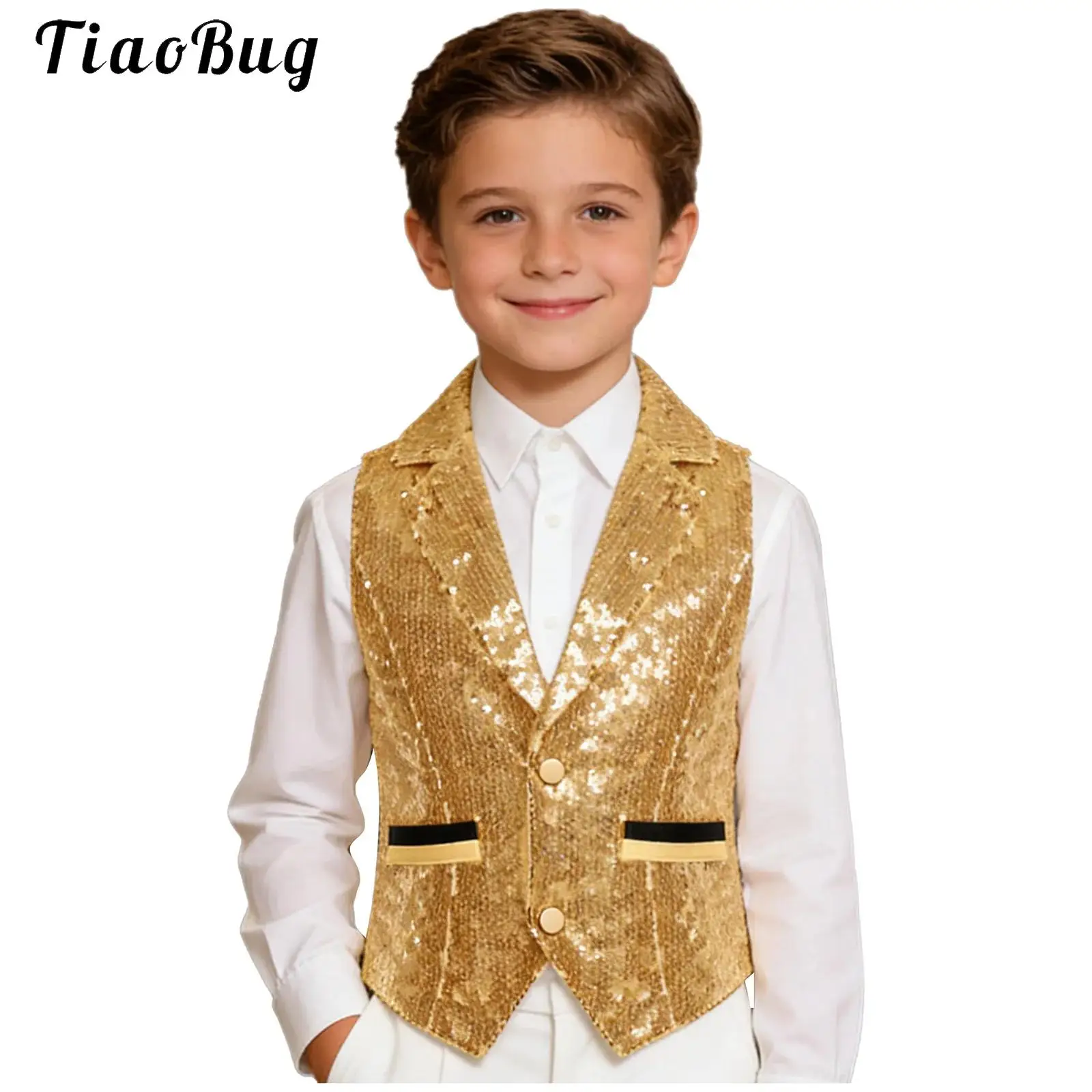 Gilet Luccicante per Ragazzi con Bottoni, Completamente Foderato con Paillettes, Canotta per Matrimoni, Hip-hop, Danza Jazz, Costume per Spettacoli