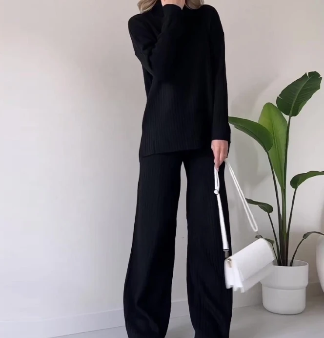 Two Piece Set Women Outfit Autumn Fashion Solid Casual High Neck Long Sleeved Top & Versatile High Waist Wide Leg Home Pants Set