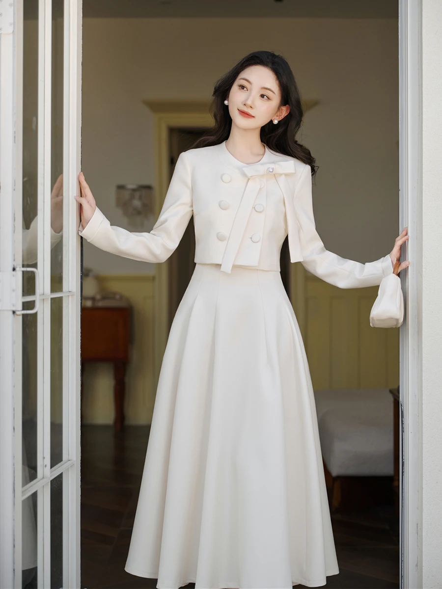 لقطة حقيقية الخريف/الشتاء أنيقة اللؤلؤ القوس سترة قصيرة + تنورة عالية الخصر مجموعة فاخرة للنساء الإناث مكتب سيدة العصرية