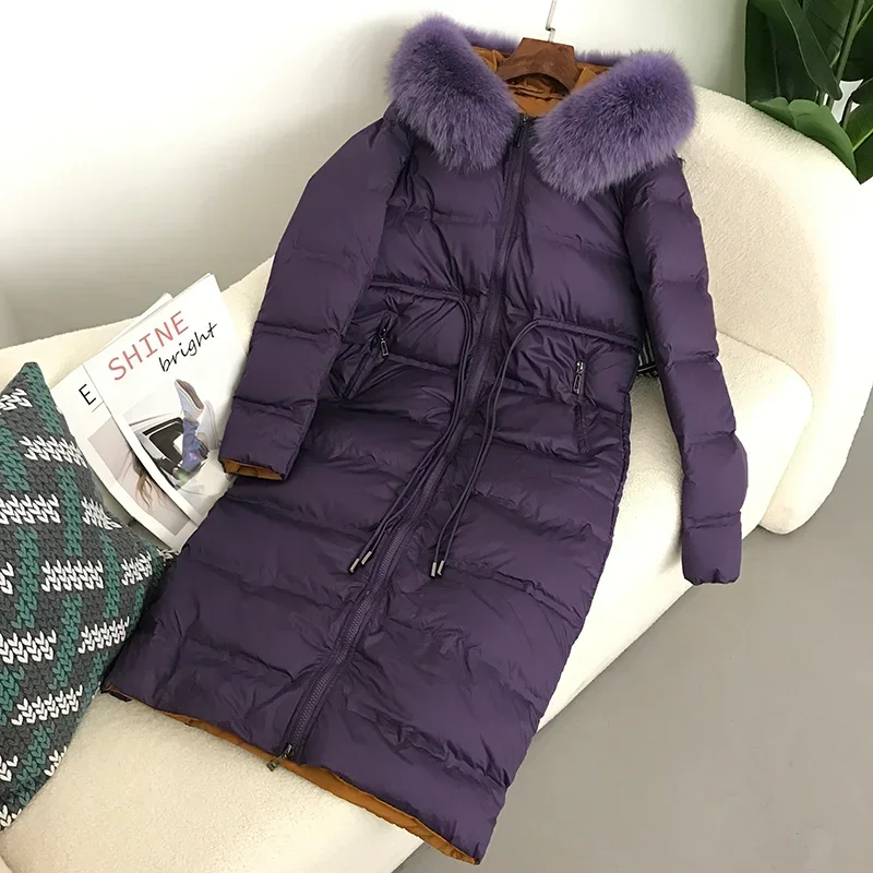 2023 New X-Long Jacket Real Raccoon Fox Fur Collar Hooded Winter Women White Duck Down Female Thick Warm Coat Luxury Outerwear