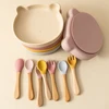 3PCS Baby Silicone Tableware Set Wooden Handle Spoon Fork Cartoon Bear Dishes Snack Plates Feeding Learning Baby Stuff 2