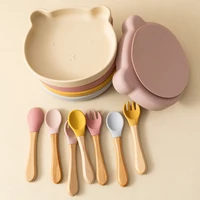 3PCS Baby Silicone Tableware Set Wooden Handle Spoon Fork Cartoon Bear Dishes Snack Plates Feeding Learning Baby Stuff 2