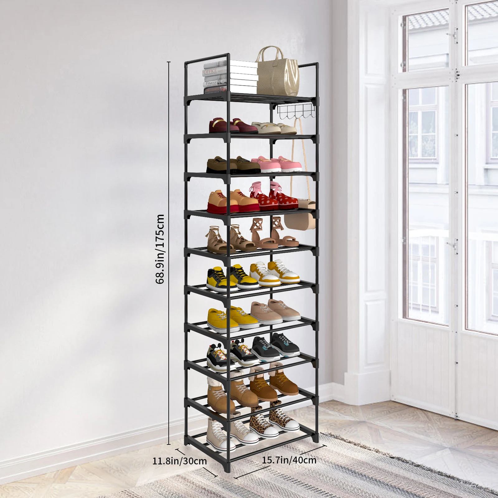 Étagère à chaussures à 10 niveaux, organisateur de chaussures, armoire de rangement de chaussures, unité de rangement de couloir, peut contenir 15-20 paires, cadre en métal, assemblage sans outil