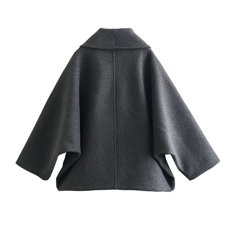 Retro Loose Woolen Blend Coat Women Lapel Double-Breasted Long Sleeve Pocket Thick Gray Jacket 2025 Autumn Spring Streetwear