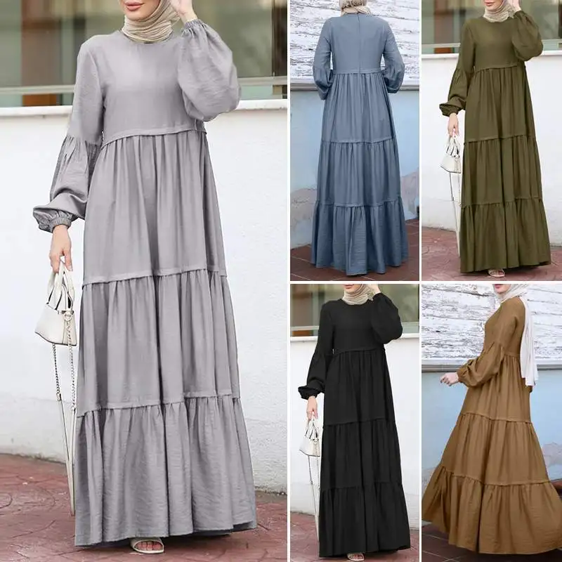 

2023 New Round Neck Ruffles Kaftan Muslim Abaya Casual Loose Islamic Long Sleeve Abayas Ramadan Turkish Modesty Robe Jilbab