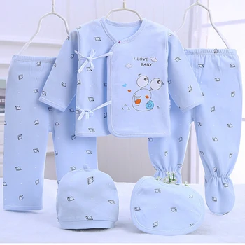 Set da 5 pezzi Primavera Neonata Ragazzo Vestiti Casual Cartoon Stampa carina Manica lunga Top in cotone + Pantaloni + Cappello Neonato Set ospedale BC1361