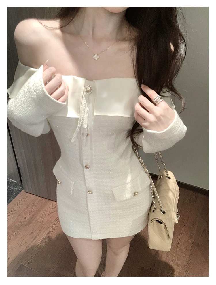 Elegant Tweed Slash Neck Short Dresses for Women Long Sleeve Slim Waist Birthday Party Dress Korean Fashion Vestidos Mujer