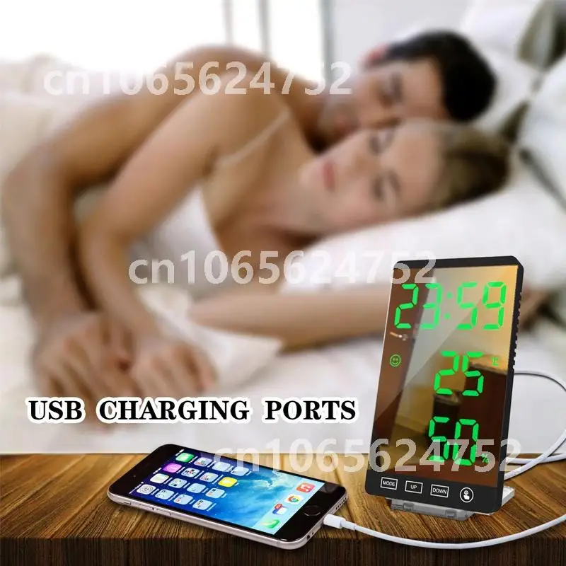 

Home Bedroom 6 Inch Mirror LED Alarm Clock Touch Control Wall Digital Clock Time Temperature Humidity Display USB Desk Watch