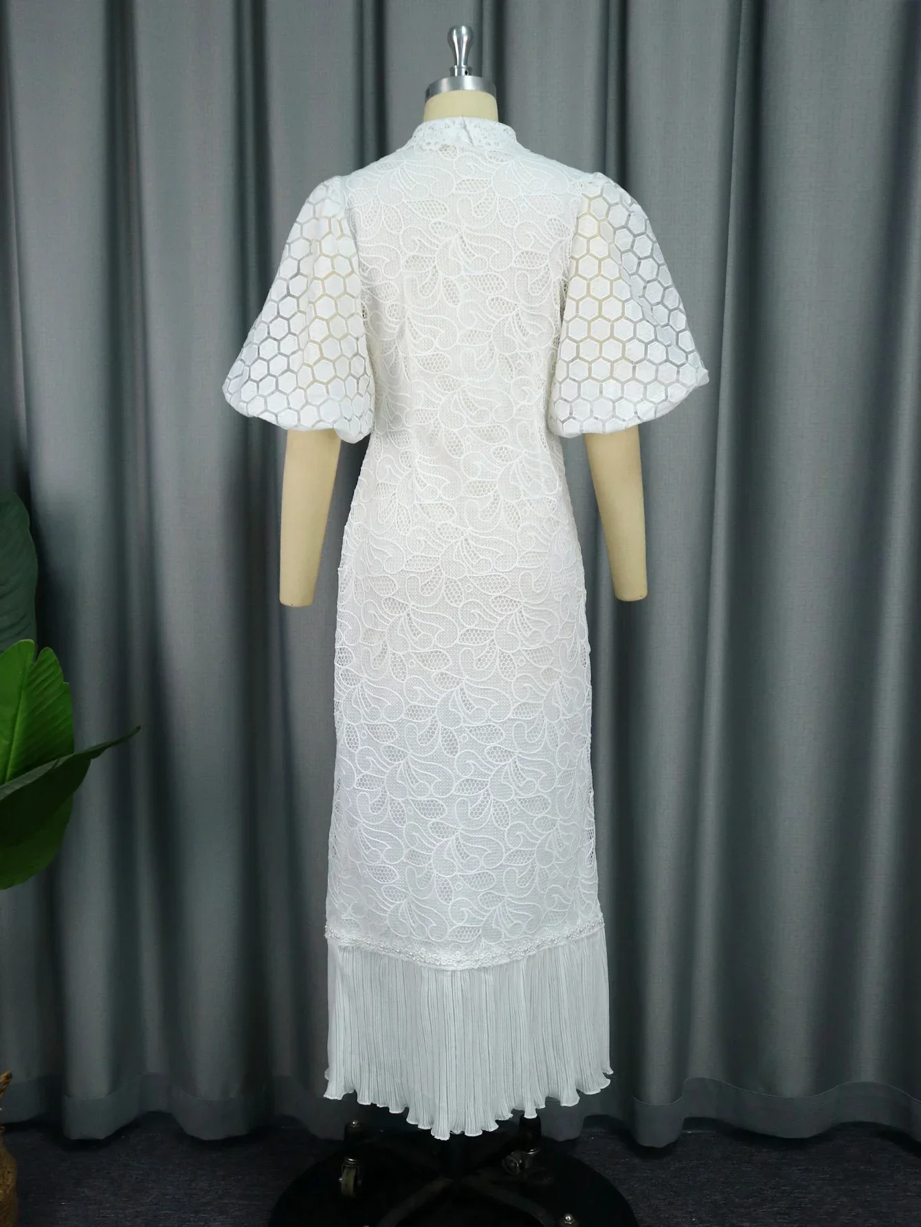 White Lace Dresses for Women Wedding Guests Elegant Turn Down Collar Puff  Sleeves Pleated Hem Midi Dress Luxury Occasion Clothes - AliExpress