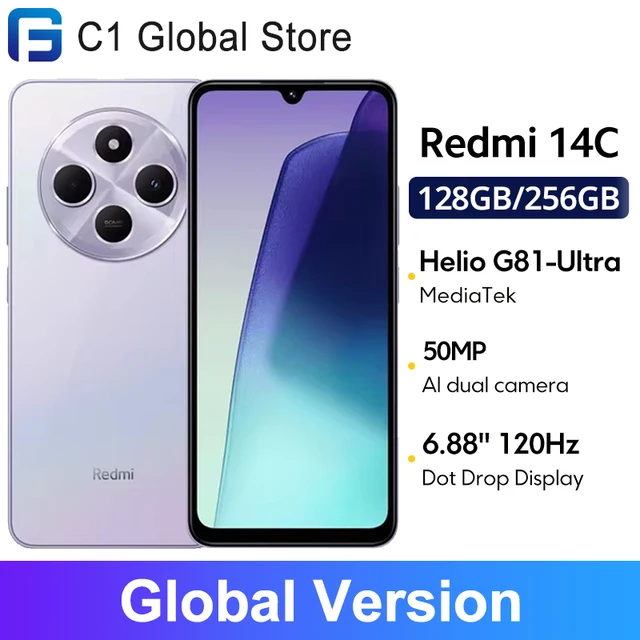 Xiaomi Global Version Redmi 14C Smartphone MediaTek Helio G81-Ultra 50MP AI Dual camera 5160mAh 6.88" 120Hz Display HyperOS