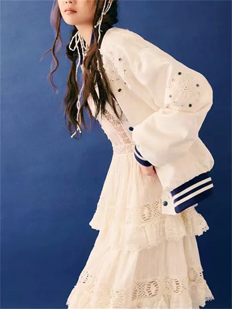 

Women's Coat 2024 New Floral Letter Three-Dimensional Embroidery Single Breasted Round-Neck Casual Long Sleeve Jacket