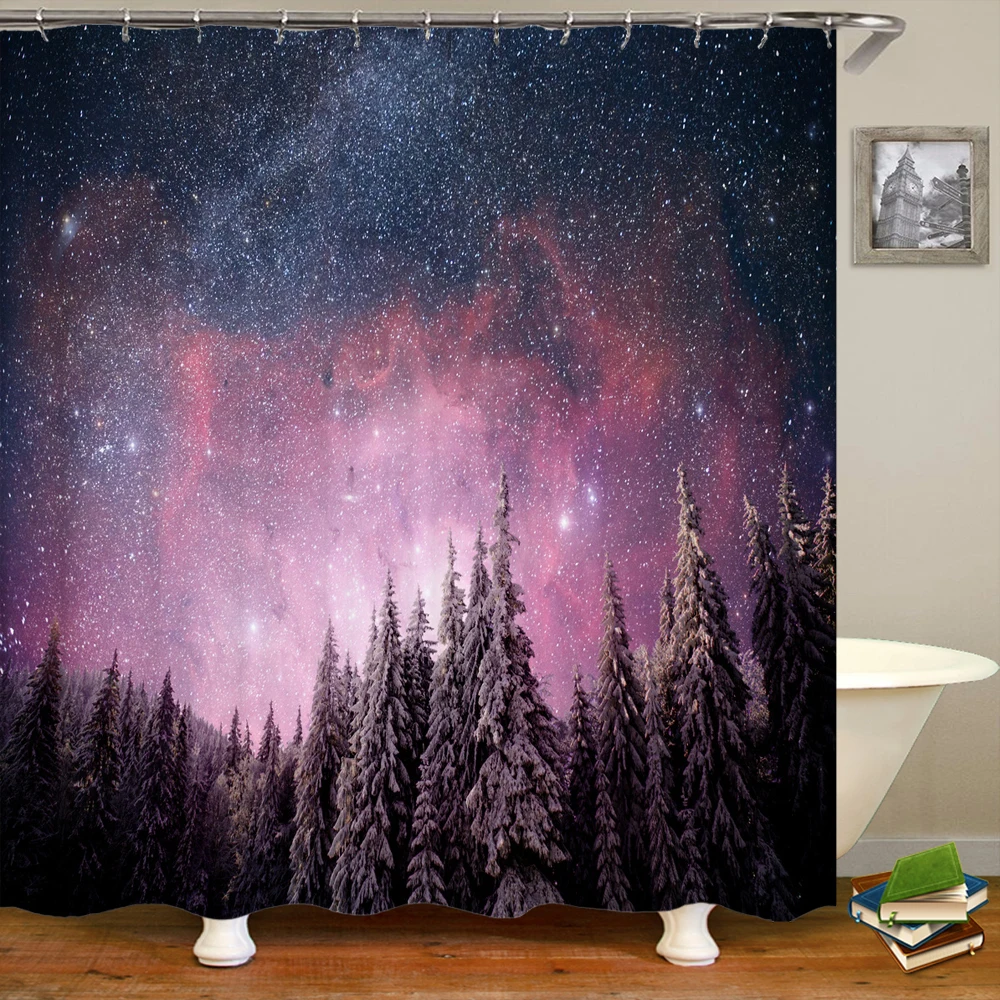 

3D Beautiful Forest Starry Sky Scenery Bathroom Shower Curtain Home Decor Curtain Waterproof Shower Curtain With Hook 180x180cm