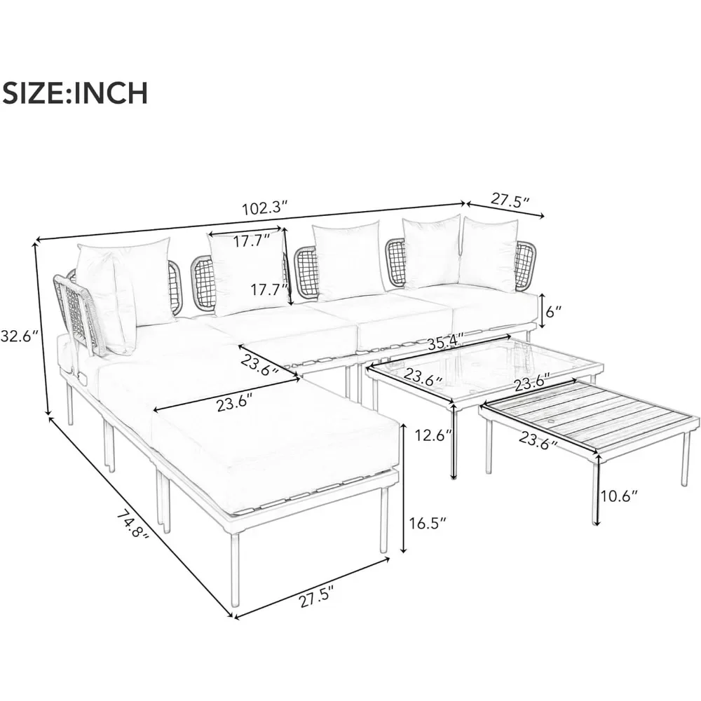 8-Piece Patio Sectional Sofa Set with Tempered Glass Coffee Table and Wooden Coffee Table, Modular Sofa Set for Outdoor Oasis 3