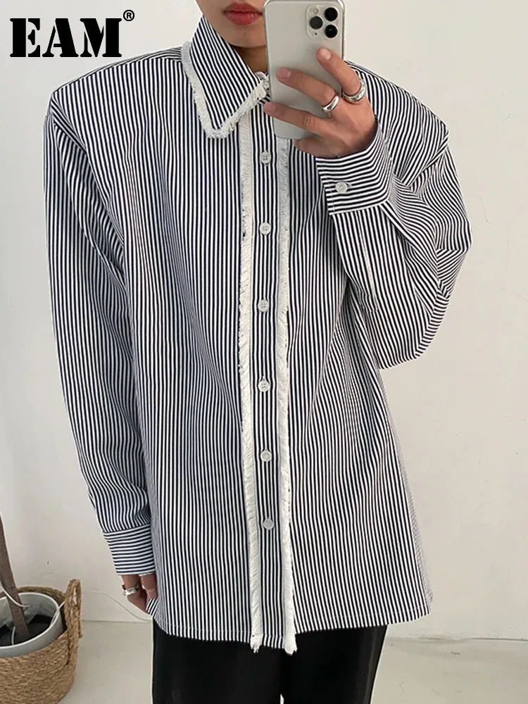 

[EAM] Women Striped Big Size Burr Casual Blouse New Lapel Long Sleeve Loose Fit Shirt Fashion Tide Spring Autumn 2024 1DH0038
