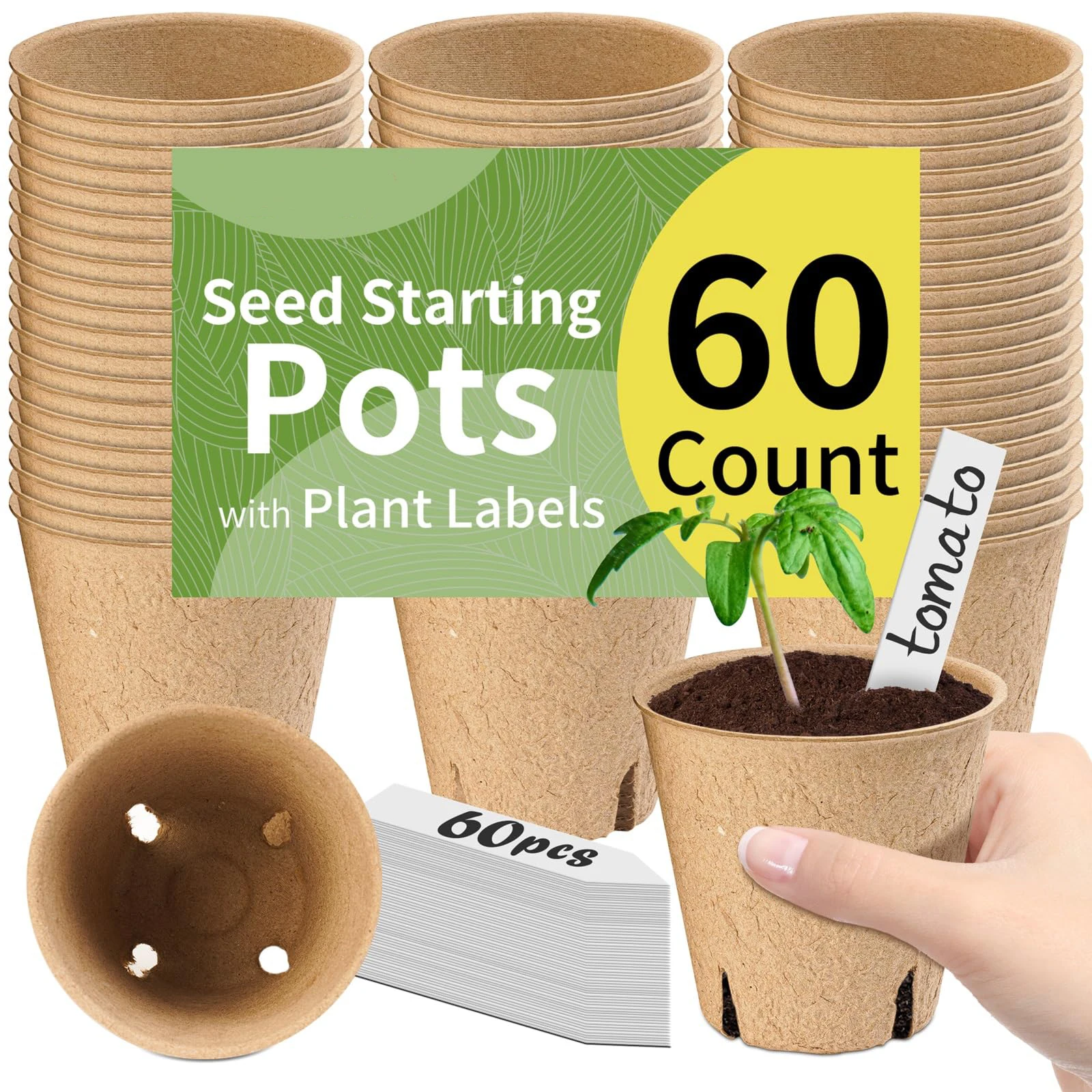 60Pcs 3.1&rdquo; Peat Pots with 60Pcs Plant Labels, Biodegradable Pots for Seedlings with Drainage Holes, Garden Plant Nursery