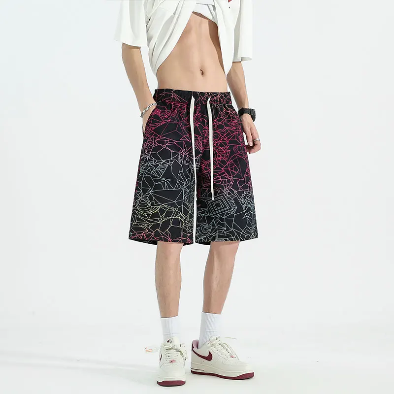 Minimalist Trendy Summer New Printed Pockets Men's Elastic Waist Drawstring Fashion Versatile Loose Straight knee length Shorts