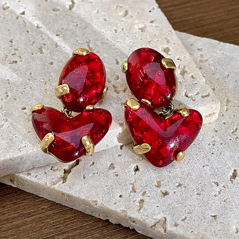 Red Heart Metal Vintage Post Drop Earrings For Women Elegant