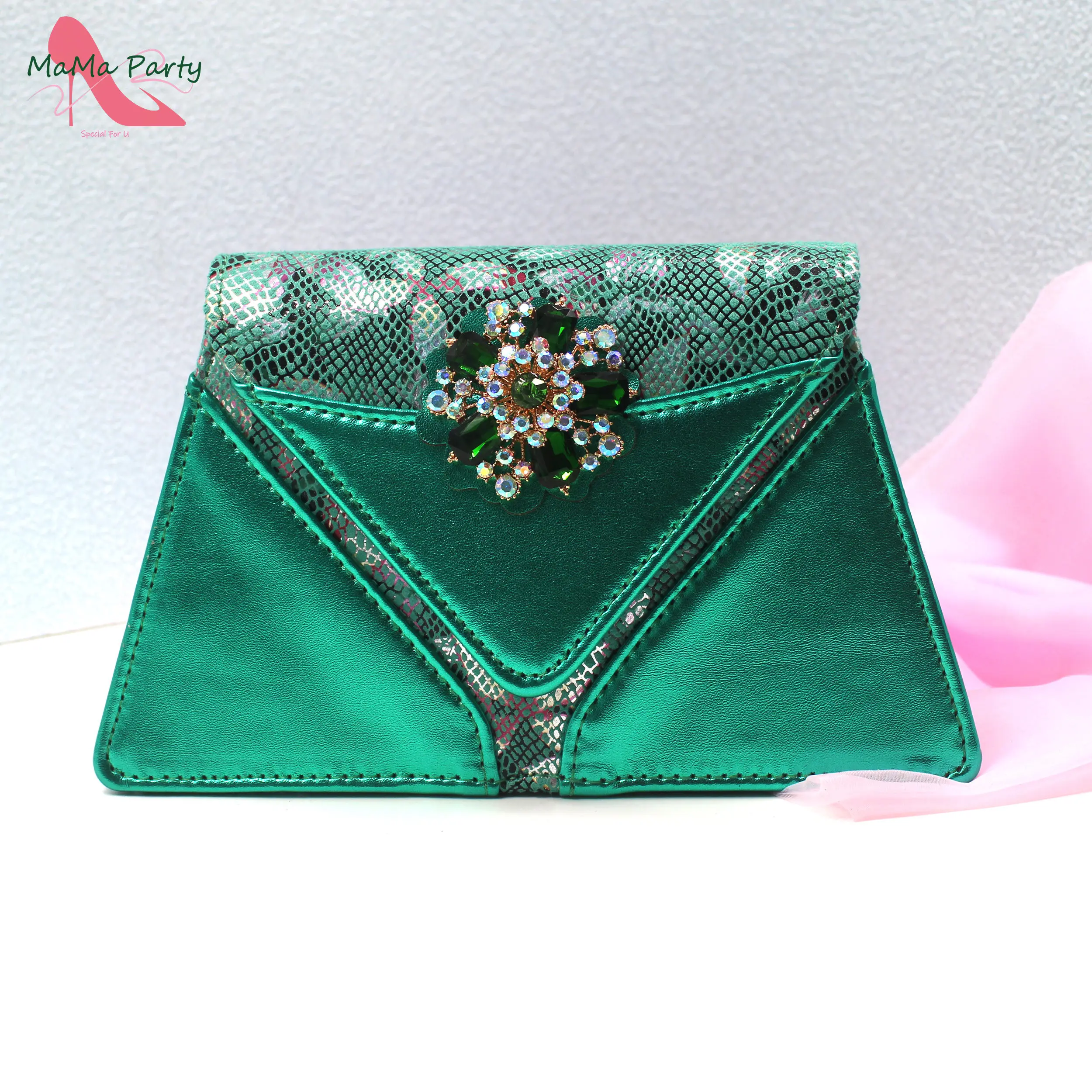 Comfortable Heels High Quality Peep Toe Italian Women Shoes Matching Bag Set in Green Color for Wedding Party