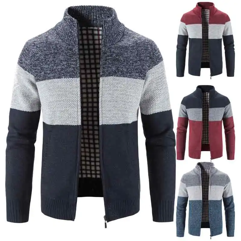 

Men's Zipper Cardigan Knitwear Autumn and Winter Blazer fleece Thick Warm Chenille Sweater Stripe Casual Jacket Male Jumper