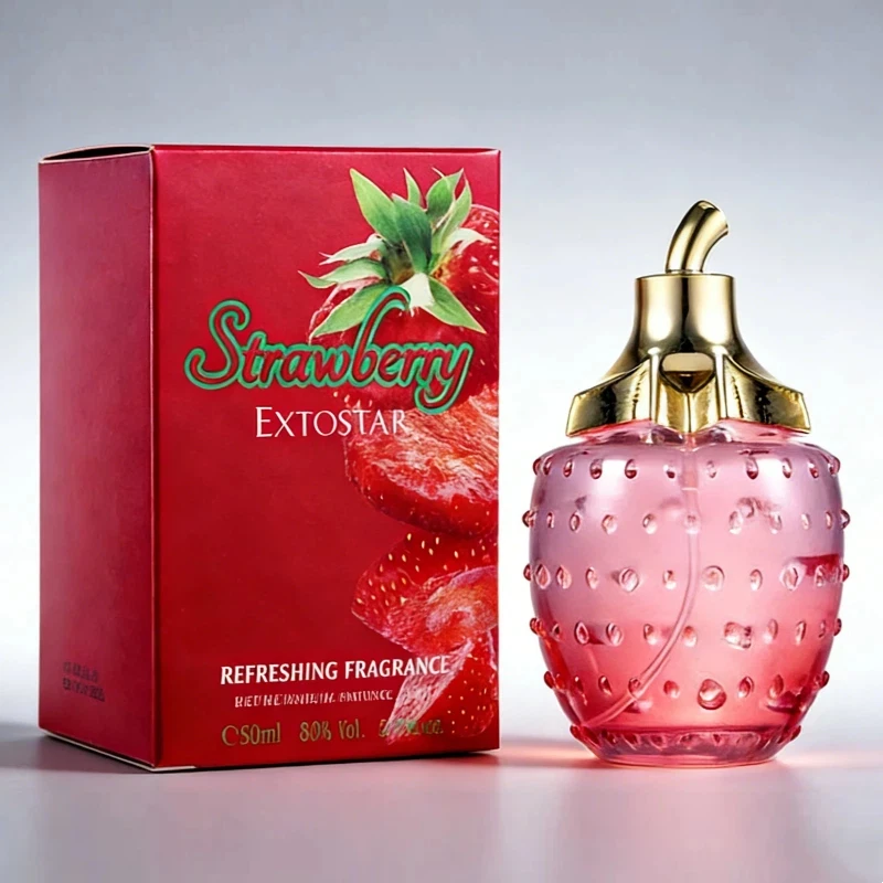 Perfume feminino de morango com notas frescas de limão, rosa, jasmim, cedro e âmbar. Uma fragrância doce, delicada e charmosa, perfeita para encontros românticos._voghion.com