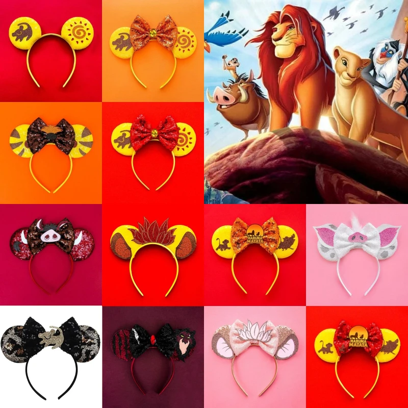 The Lion King Ears Headbands Girls Cartoon Mufasa Simba Hairbands Kids Disney Pumbaa Hair Accessories Women Sequins Bow Headwear