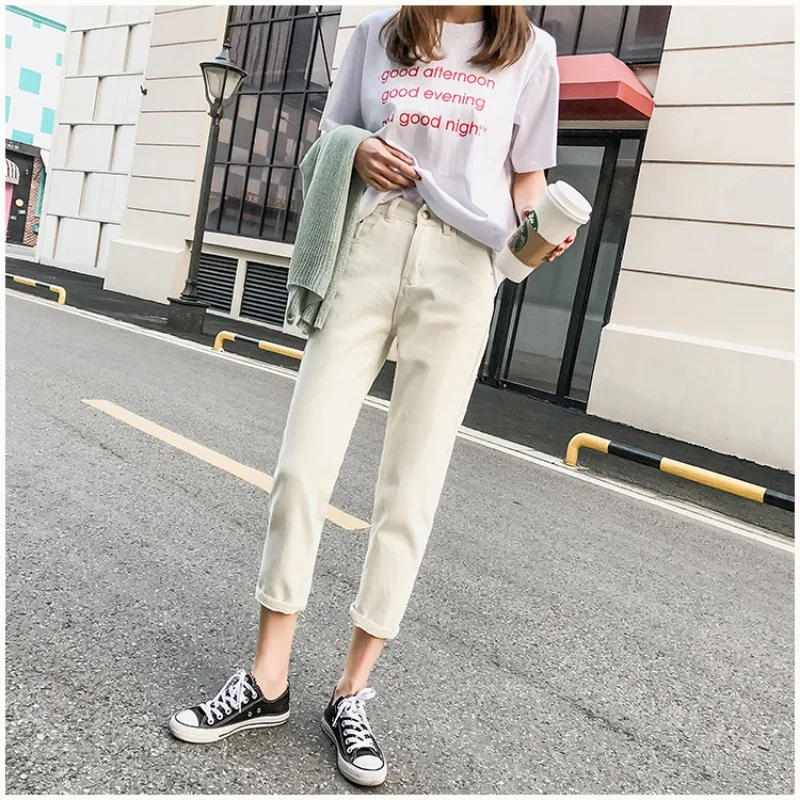 

DUOFAN Women's Solid Pants New Fashion Versatile Ladies High Waist Trousers Spring Korean Straight Cropped Jeans