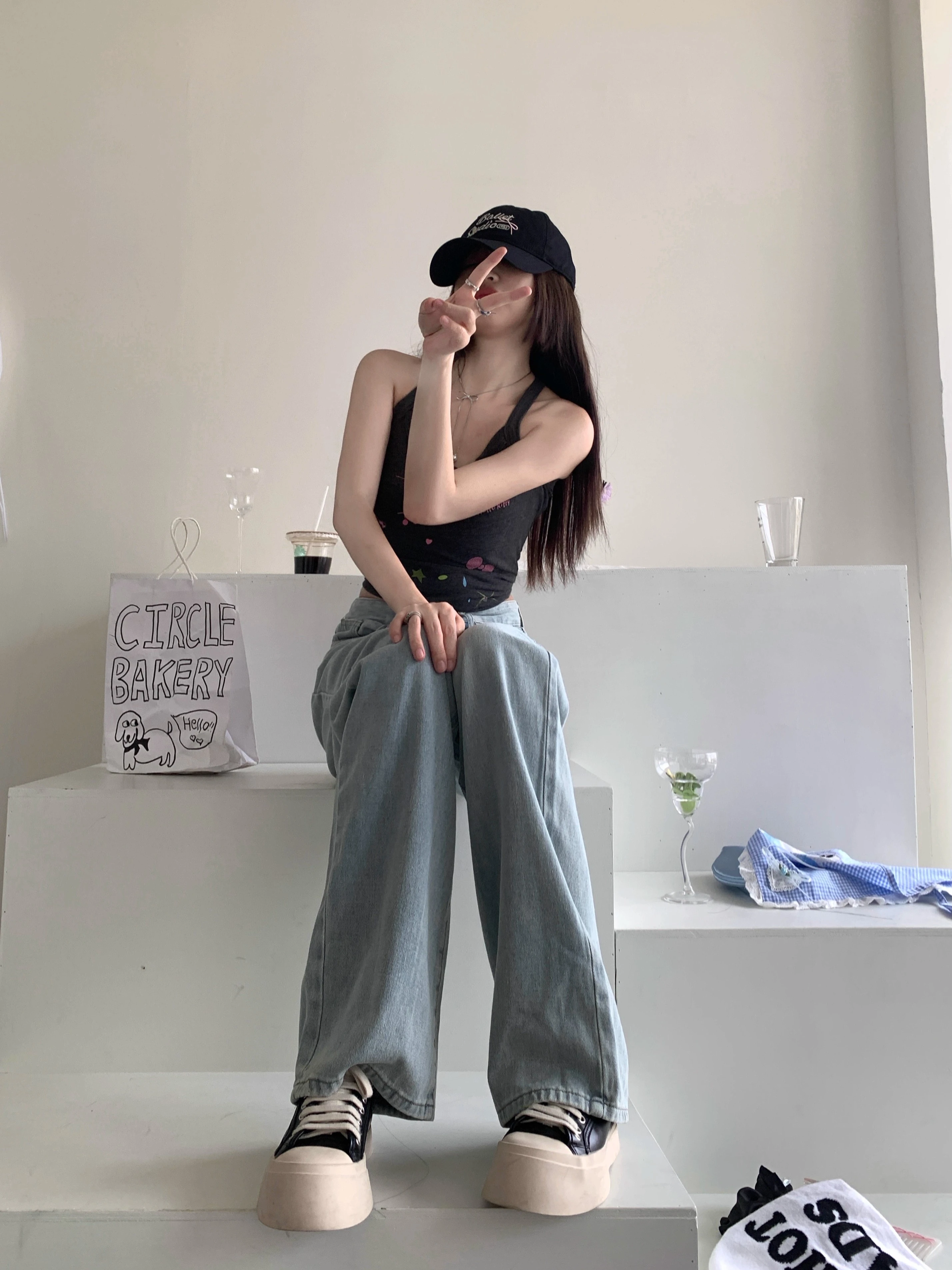 Baggy Jeans For Women | 2024 Bow Korean y2k Embroidered Retro High Waist Slim Denim Jeans