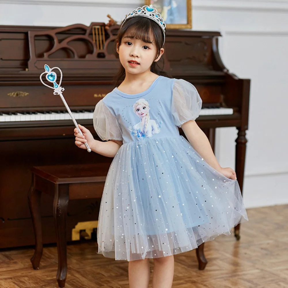 

Girls Summer Elsa Princess Dress Baby Short Puff Sleeve Mesh Gauze Pink Blue 2-11 Years Star Sequins Dresses for Kids Birthday