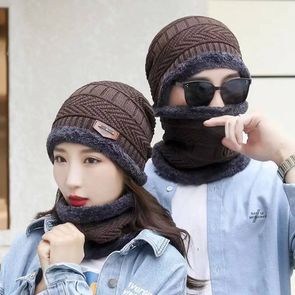 Male Warmer Skull Cap Plush Bib Thicking Winter Wool Kintted Solid Color Plush Hats Hat Bib Sets Hat Collar Sets Bib Cap